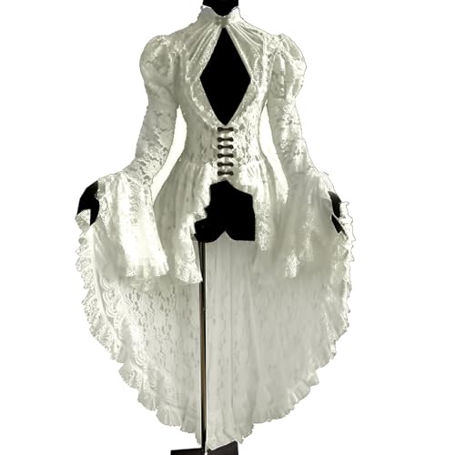 Mittelalter Kleider Damen Frack, Renaissance Kleid Spitzen, Vintage Hohle Ballkleid mit TrompetenärmelHalloween Kostüm Karneval Viktorianisches Cosplay Gothic Renaissance Irregulär Faschingskostüme von LOSSLO