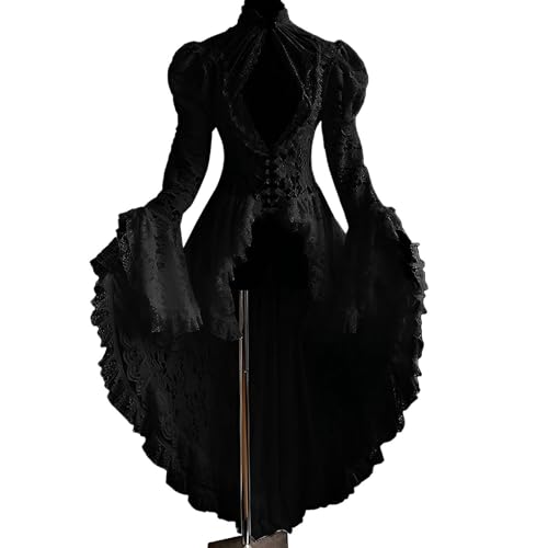 Mittelalter Kleider Damen Frack, Renaissance Kleid Spitzen, Vintage Hohle Ballkleid mit TrompetenärmelHalloween Kostüm Karneval Viktorianisches Cosplay Gothic Renaissance Irregulär Faschingskostüme von LOSSLO
