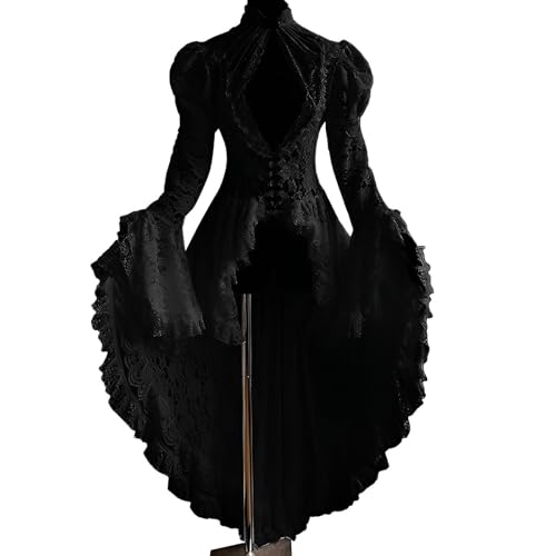 Mittelalter Kleider Damen Spitzen, Renaissance Spitzenkleid Trompetenärmel, Vintage Hohle Irregulär BallkleidViktorianisches Frack Kleid Halloween Kostüm Cosplay Smoking Uniform Faschingskostüme von LOSSLO