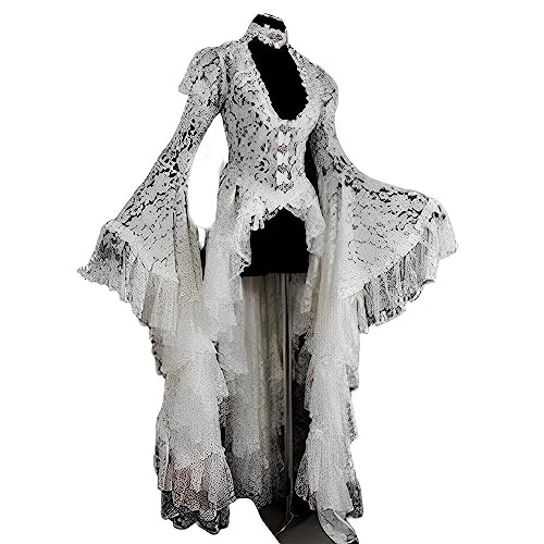 Mittelalter Spitzenkleid Damen Weiß, Renaissance Kleider Spitzen, Vintage Ultradünn Maxikleid mit TrompetenärmelHohle Irregulär Kleid Frack Faschingskostüme Halloween Kostüm Cosplay Smoking Karneval von LOSSLO