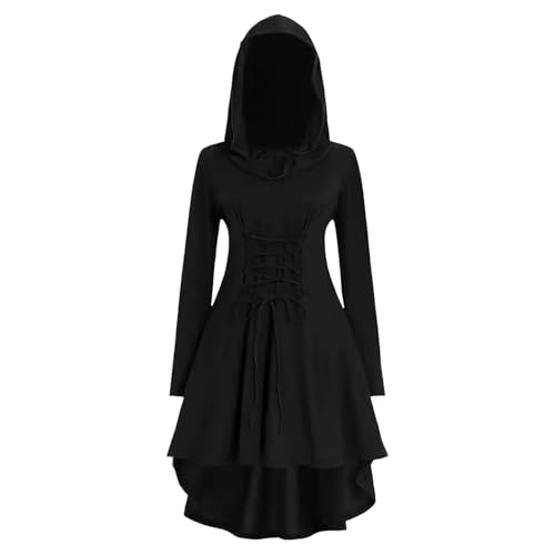 Neu 2025 Gothic Hoodie Damen Schwarz - Mittelalter Kleid mit Kapuze Renaissance Vampir Kleidung Retro Kleider Vintage Cosplay Outfit Halloween Karneval Party Outfite Hexenkleid Freizeitkleid von LOSSLO