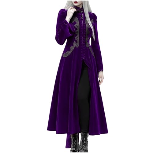 Neu 2025 Renaissance Kleider Damen, Mittelalter Maxikleid mit Stickerei, Stehkragen Langarm Ballkleid mit SchlitzVintage Vampir Hexen Mittelalterkleid Faschingskostüme Halloween Kostüm Karneval von LOSSLO