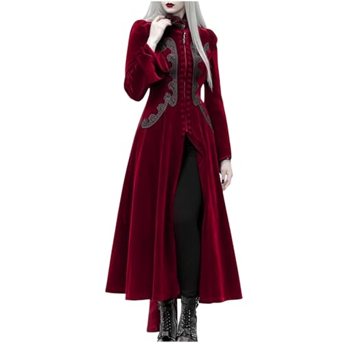 Neu 2025 Renaissance Kleider Damen, Mittelalter Maxikleid mit Stickerei, Stehkragen Langarm Ballkleid mit SchlitzVintage Vampir Hexen Mittelalterkleid Faschingskostüme Halloween Kostüm Karneval von LOSSLO