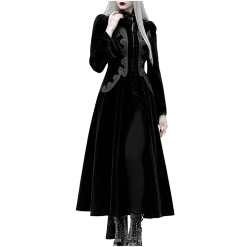 Neu 2025 Renaissance Kleider Damen, Mittelalter Maxikleid mit Stickerei, Stehkragen Langarm Ballkleid mit SchlitzVintage Vampir Hexen Mittelalterkleid Faschingskostüme Halloween Kostüm Karneval von LOSSLO