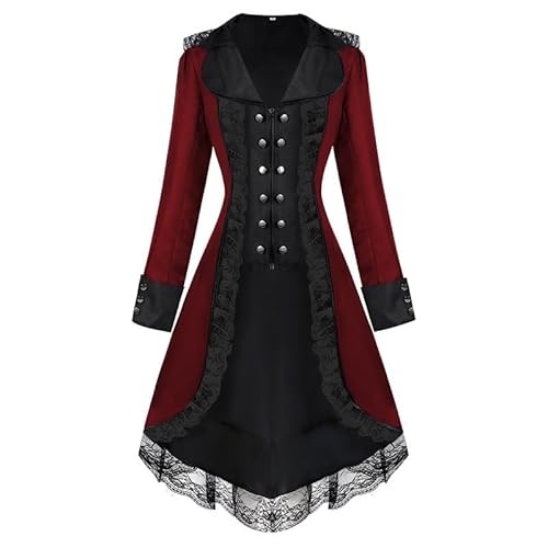 Neu 2025 Steampunk Kleid Damen Schwarz, Gothic Kleider Langarm, Mittelalter Vintage Mantel mit SpitzeRenaissance Gehrock Viktorianische Faschingskostüme Halloween Kostüm Karneval Party Festival von LOSSLO