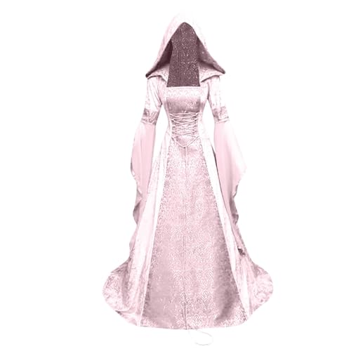 Renaissance Kleidung Damen Schnürkleid - Mittelalter Kleider mit Kapuze Gothic Kapuzenkleid Trompetenärmel Cosplay Maxikleid Halloween Karneval Outfit Festlich Outfite Hexenkleid Freizeitkleid von LOSSLO