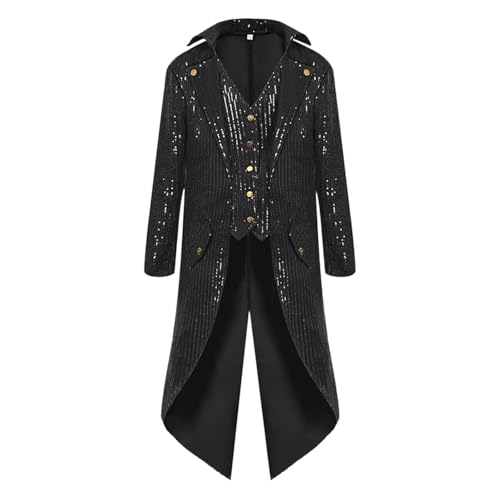 Steampunk Herren Jacke Pailletten - Gothic Frack Herren Lang Klassiker Grün Glitzer Mantel Renaissance Gehrock Elegant Tuxedo 70er Zweireihig Glitzerjacke Viktorianische Hof Kleidung Halloween Kostüm von LOSSLO