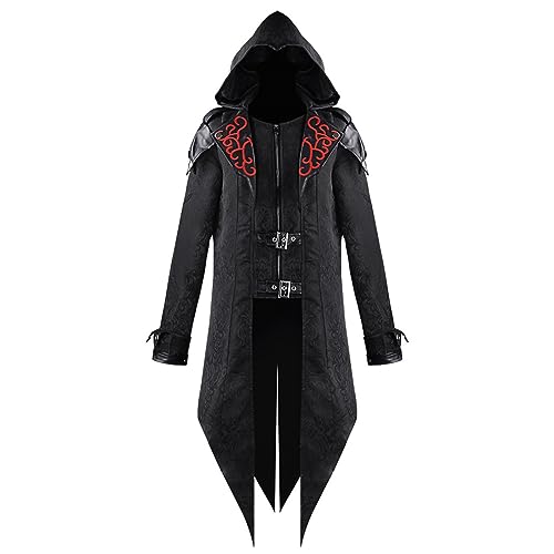 Steampunk Herren Mantel mit Kapuze - Gothic Jacke Hoodie Herren mit Reißverschluss Klassisch Renaissance Schwarz Frack Viktorianische Hof Gehrock Elegant Theater Cosplay Kleidung Halloween Kostüm von LOSSLO