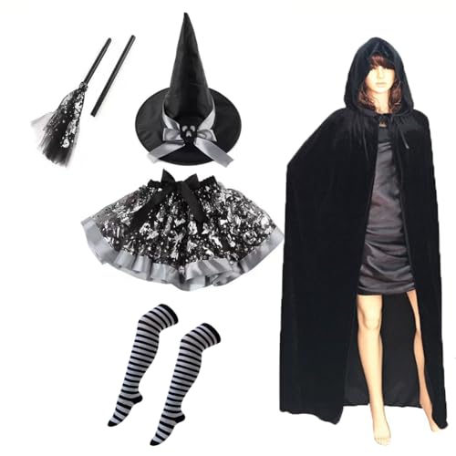 LOTIKS Fairytale Hexenkostüm, süßes Hexenkostüm, Deluxe-Set mit Besenhut, Umhang, Tutu-Rock für Teenager, Erwachsene, Schwarz von LOTIKS