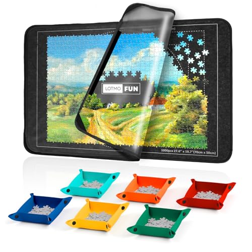 LOTMOFUN Puzzle Board, Tragbare Puzzlematte mit Transparenter Wasserdichter & Staubdichter Abdeckung für Puzzleaufbewahrung/Saver, Puzzlebrett mit 6 Sortierschalen, für bis zu 1000 Puzzleteile von LOTMOFUN