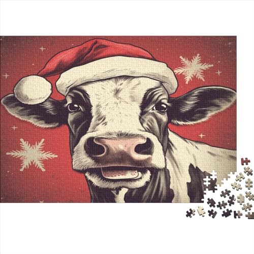 Holzpuzzle für Erwachsene 300 Teile Kuh mit Weihnachtsmütze Puzzle für Erwachsene Familienspiele Weihnachten Geburtstagsgeschenke Süße Kuh von LOUSON