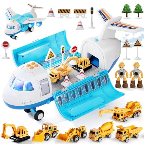 21 in 1 Transport Flugzeug Spielzeug mit Rauch, Licht und Sound, 6 Baulastwagen,für 3 4 5 6 Junge und Mädchen, Kinder von LOVE LIFE