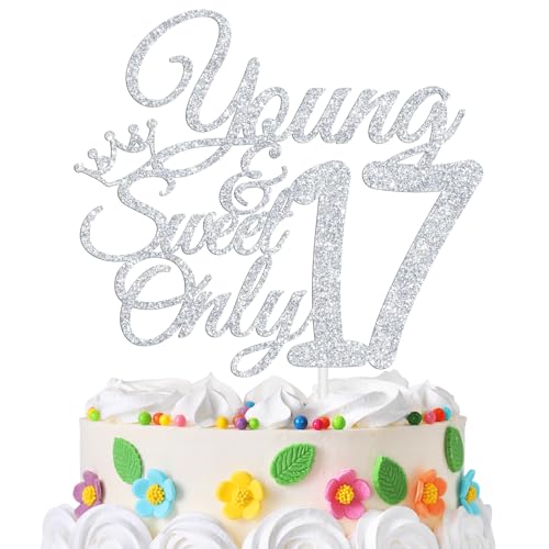 Happy 17th Birthday Cake Topper, Dancing Queen Young and Sweet Only 17, Seventeen, 17th Birthday Party Dekorationen Supplies Silber Glitter von LOVELY BITON