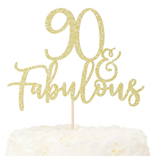 LOVENJOY Cake Topper 90 und Fabulous Geburtstag Tortendeko Gold Glitter 90. Kuchen Topper für 90th Birthday Party Kuchen Dekoration von LOVENJOY
