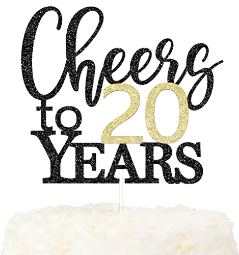 LOVENJOY Cheers to 20 Years Cake Topper Hallo 20. Geburtstag Tortendeko für Happy 20th Birthday Hochzeitstag Party Kuchen Dekoration, Zweiseitiger Glitzer Schwarz und Gold von LOVENJOY