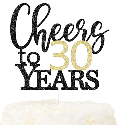 LOVENJOY Cheers to 30 Years Cake Topper Hallo 30. Geburtstag Tortendeko für Happy 30th Birthday Hochzeitstag Party Kuchen Dekoration, Zweiseitiger Glitzer Schwarz und Gold von LOVENJOY
