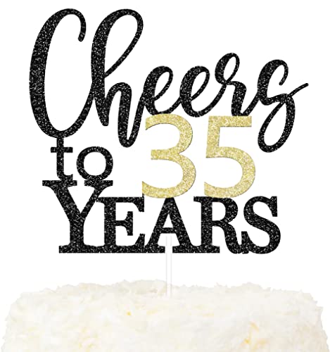 LOVENJOY Cheers to 35 Years Cake Topper Hallo 35. Geburtstag Tortendeko für Happy 35th Birthday Hochzeitstag Party Kuchen Dekoration, Zweiseitiger Glitzer Schwarz und Gold von LOVENJOY