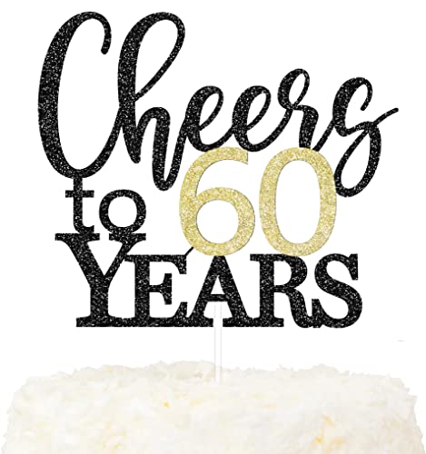 LOVENJOY Cheers to 60 Years Cake Topper Hallo 60. Geburtstag Tortendeko für Happy 60th Birthday Hochzeitstag Party Kuchen Dekoration, Zweiseitiger Glitzer Schwarz und Gold von LOVENJOY
