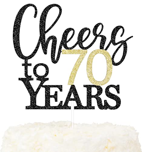 LOVENJOY Cheers to 70 Years Cake Topper Hallo 70. Geburtstag Tortendeko für Happy 70th Birthday Hochzeitstag Party Kuchen Dekoration, Zweiseitiger Glitzer Schwarz und Gold von LOVENJOY