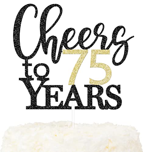 LOVENJOY Cheers to 75 Years Cake Topper Hallo 75. Geburtstag Tortendeko für Happy 75th Birthday Hochzeitstag Party Kuchen Dekoration, Zweiseitiger Glitzer Schwarz und Gold von LOVENJOY