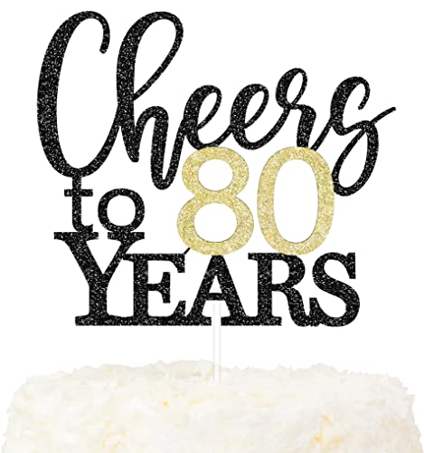 LOVENJOY Cheers to 80 Years Cake Topper Hallo 80. Geburtstag Tortendeko für Happy 80th Birthday Party Kuchen Dekoration, Zweiseitiger Glitzer Schwarz und Gold von LOVENJOY