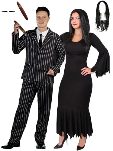 Halloween-Paar-Kostüm für Erwachsene, L + XL, Nadelstreifen-Anzugjacke und Hose, Spiv Tash und Zigarre, zerrissenes schwarzes Kleid und lange schwarze Perücke, Deluxe-Halloween-Kostüm für Erwachsene Halloween-Paar-Kostüm für Erwachsene, L + XL, Nadelstreifen-Anzugjacke und Hose, Spiv Tash und Zigarre, zerrissenes schwarzes Kleid und lange schwarze Perücke, Deluxe-Halloween-Kostüm für Erwachsene von LOVETRENDS