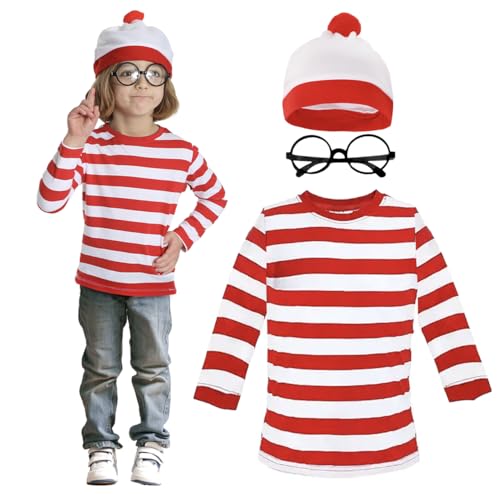 LOVETRENDS Childs Find Me Kostüm – Medium – langärmeliges rot und weiß gestreiftes T-Shirt, weiß & rot Bommelmütze, runde Brille – Kinderwelttag Buchwoche Faschingskostüm von LOVETRENDS