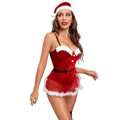 LOVHOT Damen Weihnachten Cosplay Outfits Deluxe Mrs. Claus Kostüm Neckholder Dessous Pelzbesatz Kleid Body mit Gürtel und Hut (Rot, S) von LOVHOT