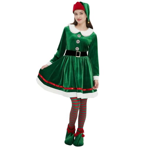 LOVHOT Frauen Weihnachtself Kostüme süßes Kleid mit Gürtel Elfenhut Schuhüberzieher Socken Set für Weihnachten Cosplay Party Outfits (Grün, L) von LOVHOT