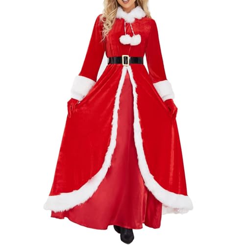 LOVHOT Frauen-Weihnachtskostüme, niedliche langärmelige Kapuzenkleider mit Gürtel und Handschuhen, Set für Cosplay-Party-Outfits (Rot, M) von LOVHOT