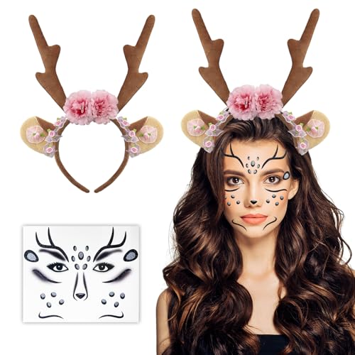 LOYEBOHU Reh Kostüm Damen Fasching, Reh Haarreifen Damen Mädchen mit Blumen, 1 Reh Geweih Haarreif + 1 Reh Gesichtstattoo Karneval, Reh Ohren Haarreif Rentier Haarreif Karneval Mottoparty Cosplay LOYEBOHU Reh Kostüm Damen Fasching, Reh Haarreifen Damen Mädchen mit Blumen, 1 Reh Geweih Haarreif + 1 Reh Gesichtstattoo Karneval, Reh Ohren Haarreif Rentier Haarreif Karneval Mottoparty Cosplay von LOYEBOHU
