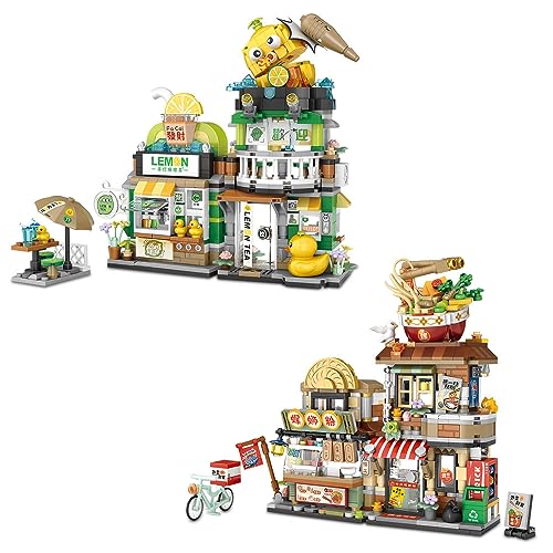 LOZ Mini Blocks 2 In 1 Food Street Building Klemmbausteine Haus Bausteine Bausatz, enthält Zitrone Teeladen/Snail Noodle Shop 1666 Teile MOC Blocks Set, Geschenke Spielzeug für Kinder und Erwachsene von LOZ