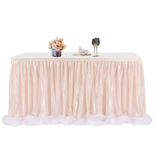 LPATEBCVU Tischrock Tüll Tischrock Gold-umrandeten Mesh Hochzeit Party Dekoration Hotelbedarf Mesh Tischrock Tischdecke(Champagne Yarn,14FT(427cmx77cm)) von LPATEBCVU