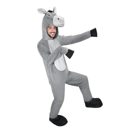 LPLKON Eselkostüm für Erwachsene mit Kapuze – Grauer Tier-Overall – Onesie-Pyjama für Halloween, Cosplay & Partys (XL) von LPLKON
