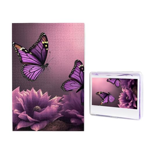 Puzzle 1000 Teile Holzpuzzle 3D Blumen und lila Schmetterling Fotopuzzle Personalisiertes Bilderpuzzle für Erwachsene Benutzerdefinierte Puzzles Herausfordernde Puzzles für Familie Hochzeitsgeschenk von LPSRTWE