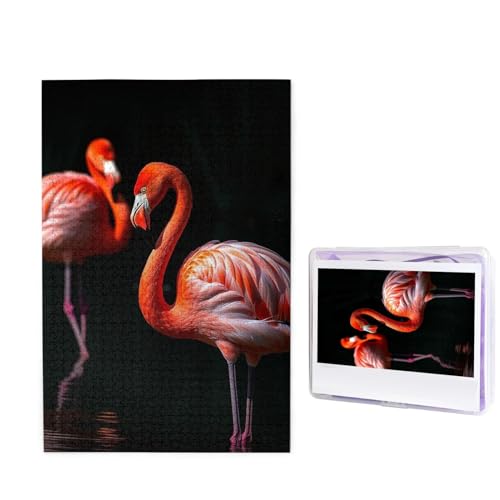 Puzzle 1000 Teile Holzpuzzle Flamingos auf schwarzem Hintergrund Fotopuzzle Personalisiertes Bilderpuzzle für Erwachsene Benutzerdefinierte Puzzles Herausfordernde Puzzles für Familie von LPSRTWE