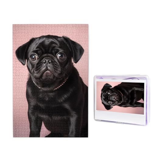 Puzzle 1000 Teile Holzpuzzle Niedlicher schwarzer Mops Fotopuzzle Personalisiertes Bilderpuzzle für Erwachsene Benutzerdefinierte Puzzles Herausfordernde Puzzles für Familie Hochzeitsgeschenk von LPSRTWE