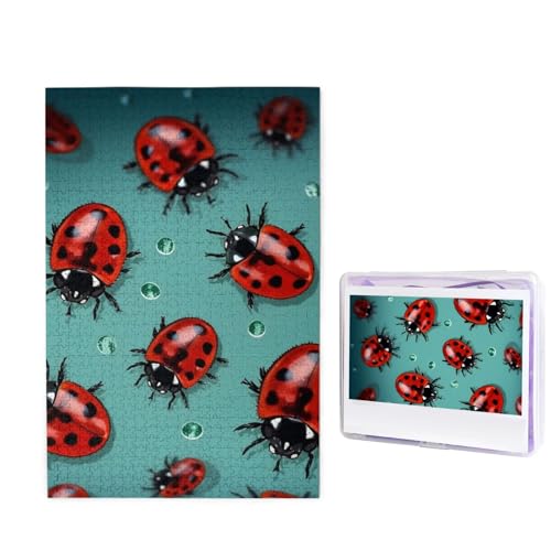Puzzle 1000 Teile Holzpuzzle Rote Marienkäfer auf blauem Hintergrund Fotopuzzle Personalisiertes Bilderpuzzle für Erwachsene Benutzerdefinierte Puzzles Herausfordernde Puzzles für Familie von LPSRTWE