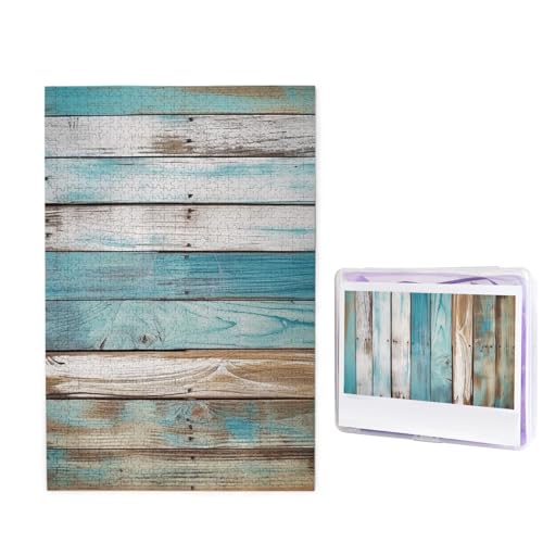 Puzzle 1000 Teile Holzpuzzle Vintage Strand Holz Old Blue Fotopuzzle Personalisiertes Bilderpuzzle für Erwachsene Benutzerdefinierte Puzzles Herausfordernde Puzzles für Familie Hochzeitsgeschenk von LPSRTWE