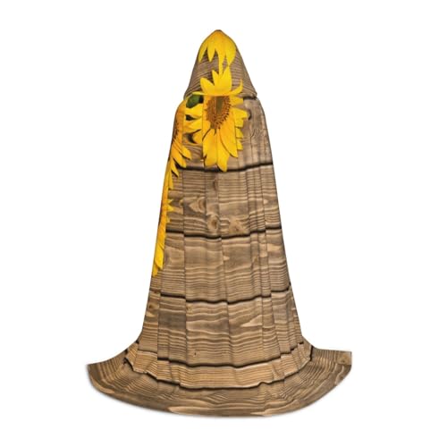 LPWTYCBV Kapuzenumhang mit drei Sonnenblumen auf Holzdruck, für Teenager, bequemer und langlebiger Kostüm-Umhang für Halloween von LPWTYCBV