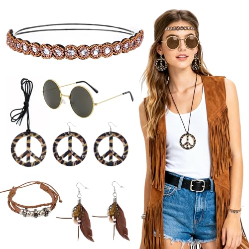 LPZMPZ Hippie 70er Jahre Schlagermove Kostümsets Women Kostüm Accessoires Faschingskostüme Damen 60er 70er 80er Jahre Boho Kleidung für Frauen Flower Power Party Kostüm Zubehör von LPZMPZ