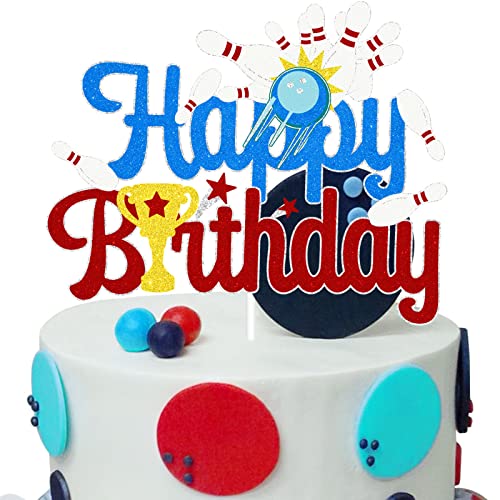 Bowling Happy Birthday Kuchenaufsatz – Sportthema Glitzer Kuchenaufsatz für Jungen und Kinder – Bowling Alley Geburtstag Party Dekorationen Zubehör von LQINBIBJ