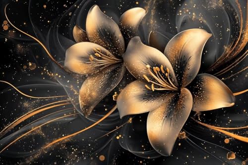 1000-teiliges Papierpuzzle zum Basteln für Kinder, geeignet für die Wanddekoration zu Hause, schwarz-goldene Lilien-Dekoration als Geschenk, 52 x 38 cm von LQKADBCXT