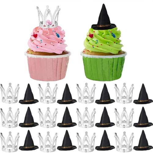 24 Stück Hexenhut und Krone Kuchendekoration, Mini-Hexenhüte Krone Cupcake Dekorationen, Hexen Thema Party Kuchen Dekoration, Toppers Dekor Prinzessin Kuchen Zubehör für Geburtstag Party Supplies von LQQDREX