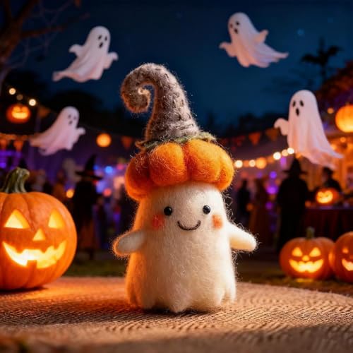 Adopt A Ghost 2026 Handgefertigter Filz, niedliche Geister-Ornament, Halloween-Geisterkürbis mit Zauberer-Hut, Sammlerstück, niedliches Woll-Elt-Geister-Ornament, Halloween-Dekoration, Geschenk für von LQQDREX