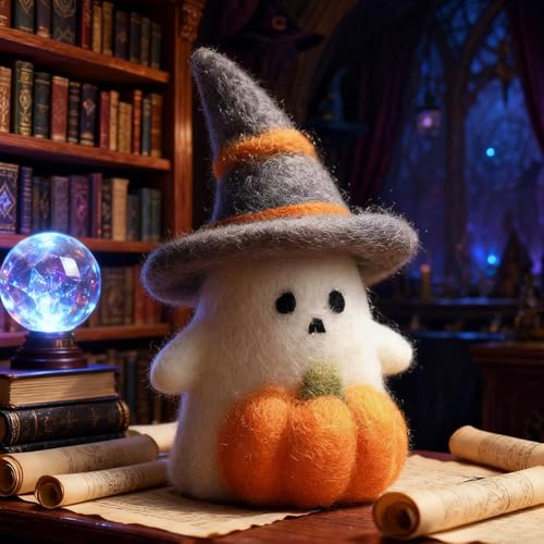 Adopt A Ghost 2026 Handgefertigter Filz, niedliche Geister-Ornament, Halloween-Geisterkürbis mit Zauberer-Hut, Sammlerstück, niedliches Woll-Elt-Geister-Ornament, Halloween-Dekoration, Geschenk für von LQQDREX