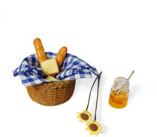 9 Stück Miniatur Essen, 1/12 Miniatur Lebensmittel Set, Miniatur Brotkorb, Brot, Honig, Picknick Tuch, Blumen, Mini Food Puppenhaus Dekoration, Wichteltür Zubehör für Kinder (Blau) von LQTSLFM