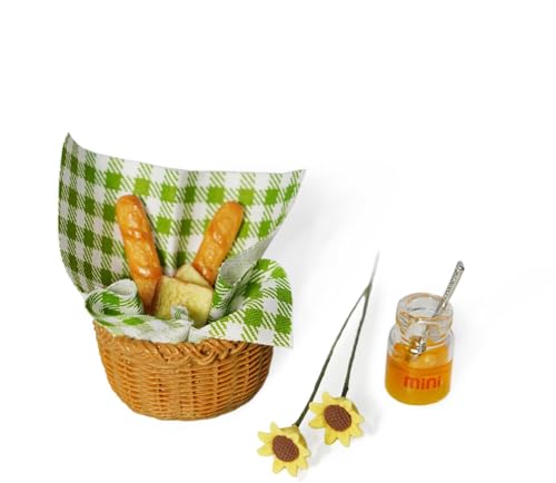 LQTSLFM 9 Stück Miniatur Essen, 1/12 Miniatur Lebensmittel Set, Miniatur Brotkorb, Brot, Honig, Picknick Tuch, Blumen, Mini Food Puppenhaus Dekoration, Wichteltür Zubehör für Kinder (Grün) von LQTSLFM