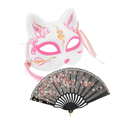 LRXIYODE 1 Set Japanische Fuchsmaske: Handbemalte Tier-halbmaske, Katzen-fuchs-cosplay-maske Mit Faltbarem Handfächer Für Halloween-maskenball-party-zubehör von LRXIYODE