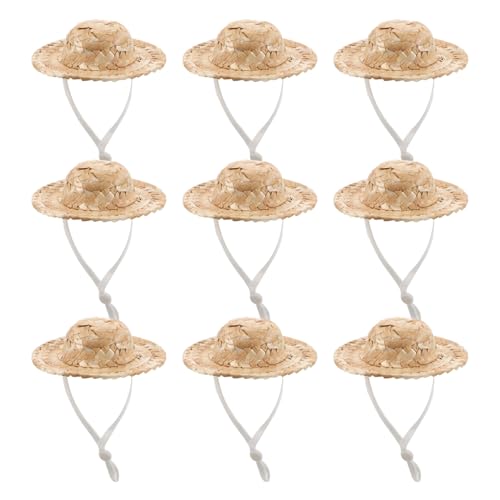 LRXIYODE 10 Stück Teiliges Mini Strohhüte mit Kinnriemen Handgefertigte Kleine Sombrero Hüte Ø DIY Miniatur Puppenaccessoires für Sommerliche Puppendekorationen von LRXIYODE